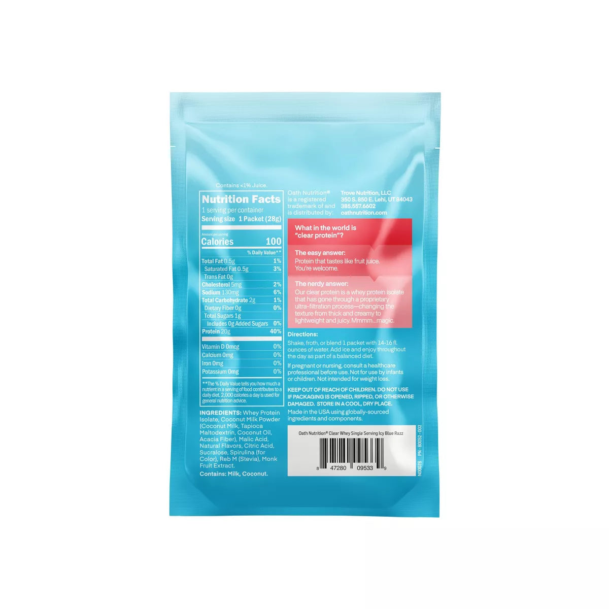 Oath Nutrition Single Serve Clear Protein Powder - Icy Blue Raspberry 0.9Oz: Gluten-Free Whey Isolate, 20G Protein