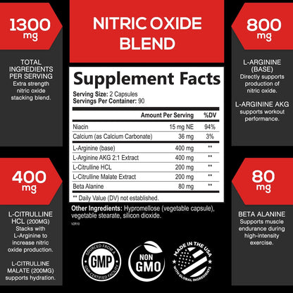 Extra Strength Nitric Oxide Supplement 3X Strength L Arginine, Citrulline Malate, AAKG, Beta Alanine - Premium Muscle Supporting Nitric Booster - Natural Energy & Heart Health Support - 180 Capsules