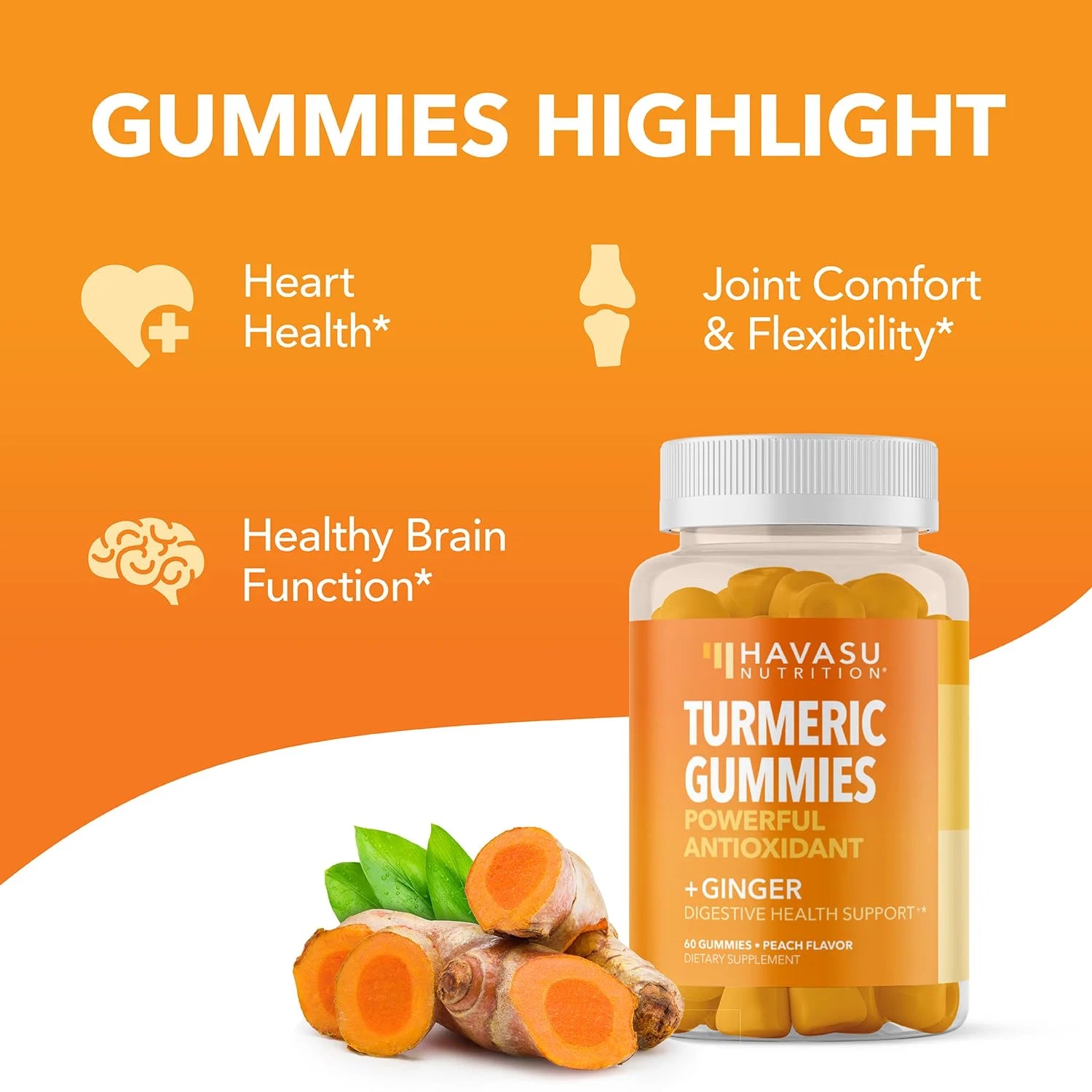 Havasu Turmeric Gummies with Ginger, Vegan 95% Curcumin Gummies for Superior Immune Defense, 60 Ct