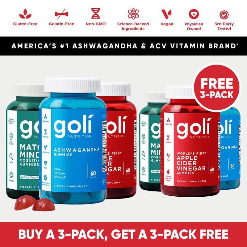 6 Bottles of Goli New Year New Me Bundle: Ashwagandha KSM-66 & Vitamin D2, Apple Cider Vinegar & Vitamin B12, Matcha Mind & Cognizin Edible Supplement