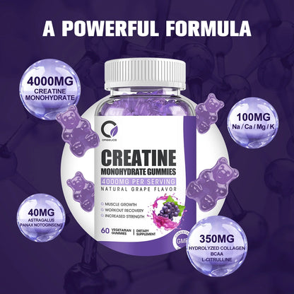 Creatine Monohydrate Gummies for Women & Men, Boost Focus, Strength, and Endurance, Gluten-Free, Non-Gmo, 4 Grams of Creatine per Serving , 60 Gummies