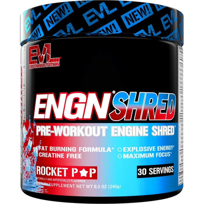 EVL Ultimate Pre Workout Powder - Thermogenic Fat Burner Preworkout Powder Drink for Lasting Energy Focus and Stamina - ENGN Shred Intense Fat Burning Creatine Free Preworkout Drink - Rocket Pop