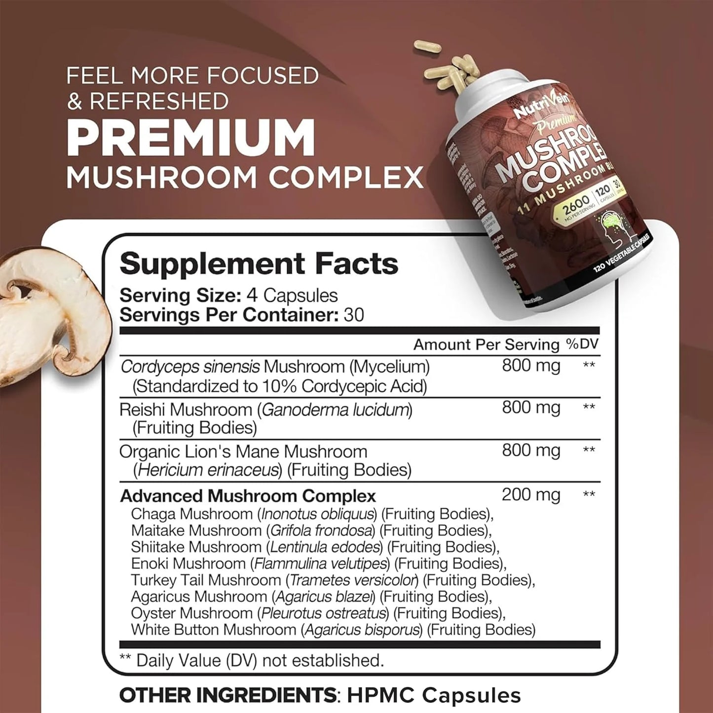 Mushroom Complex Supplement Cordyceps Capsules - 2600Mg - 120 Capsules