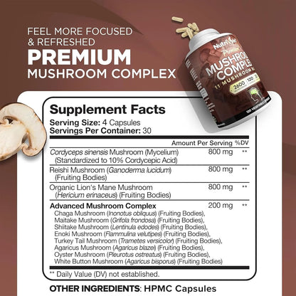 Mushroom Complex Supplement Cordyceps Capsules - 2600Mg - 120 Capsules