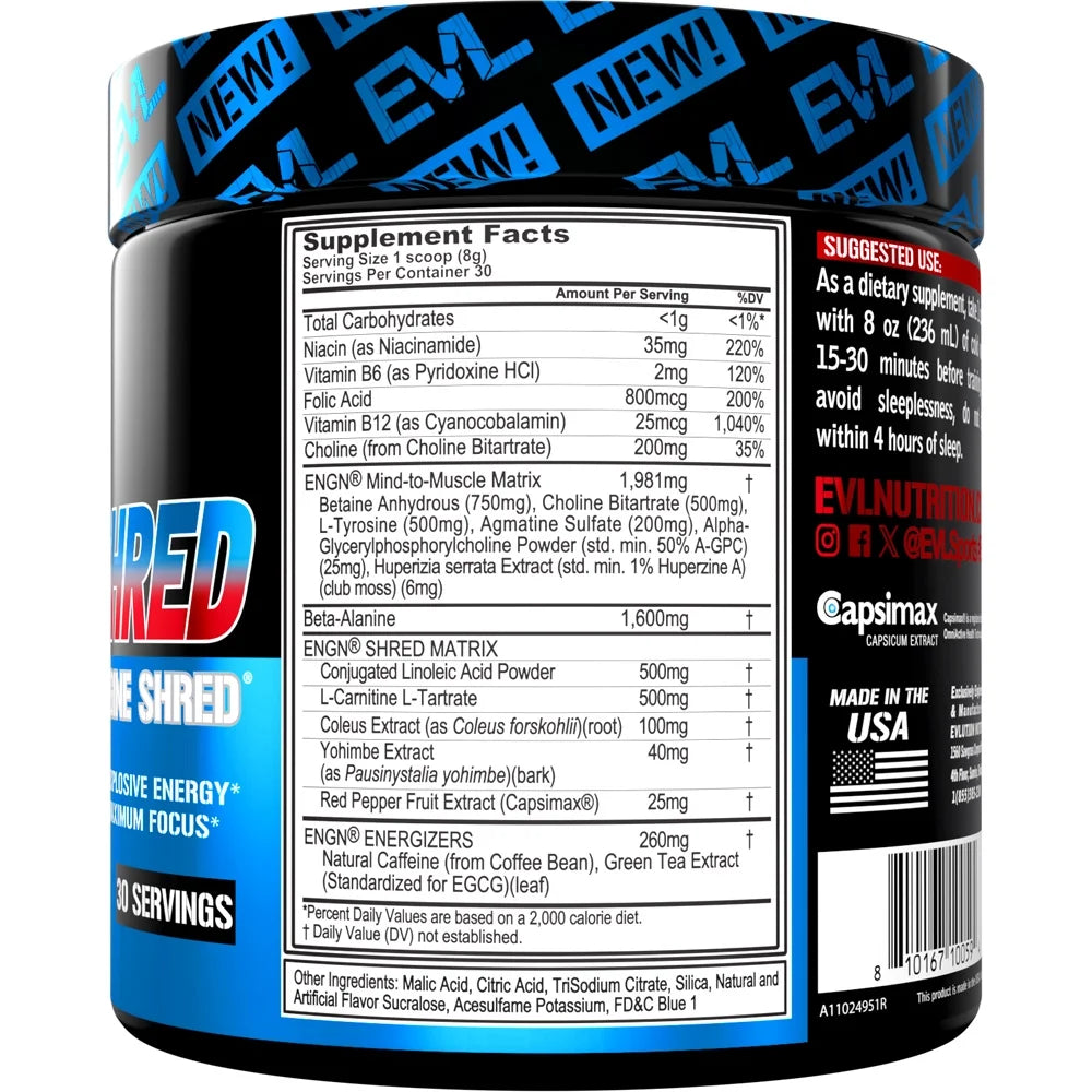 EVL Ultimate Pre Workout Powder - Thermogenic Fat Burner Preworkout Powder Drink for Lasting Energy Focus and Stamina - ENGN Shred Intense Fat Burning Creatine Free Preworkout Drink - Rocket Pop
