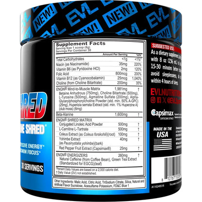 EVL Ultimate Pre Workout Powder - Thermogenic Fat Burner Preworkout Powder Drink for Lasting Energy Focus and Stamina - ENGN Shred Intense Fat Burning Creatine Free Preworkout Drink - Rocket Pop