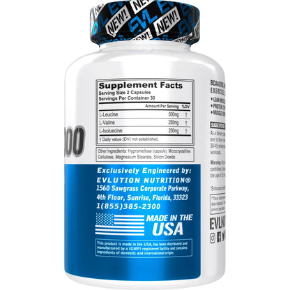 Bcaas Amino Acids Supplement for Men - EVL 2:1:1 5G BCAA Capsules for Post Workout Recovery and Lean Muscle Builder for Men - BCAA1000 Branched Chain Amino Acids Nutritional Supplement - 30 Servings