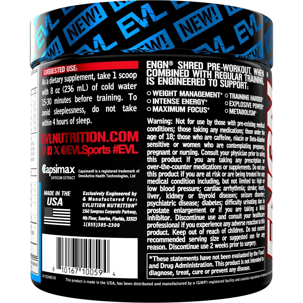 EVL Ultimate Pre Workout Powder - Thermogenic Fat Burner Preworkout Powder Drink for Lasting Energy Focus and Stamina - ENGN Shred Intense Fat Burning Creatine Free Preworkout Drink - Rocket Pop