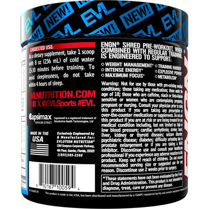 EVL Ultimate Pre Workout Powder - Thermogenic Fat Burner Preworkout Powder Drink for Lasting Energy Focus and Stamina - ENGN Shred Intense Fat Burning Creatine Free Preworkout Drink - Rocket Pop