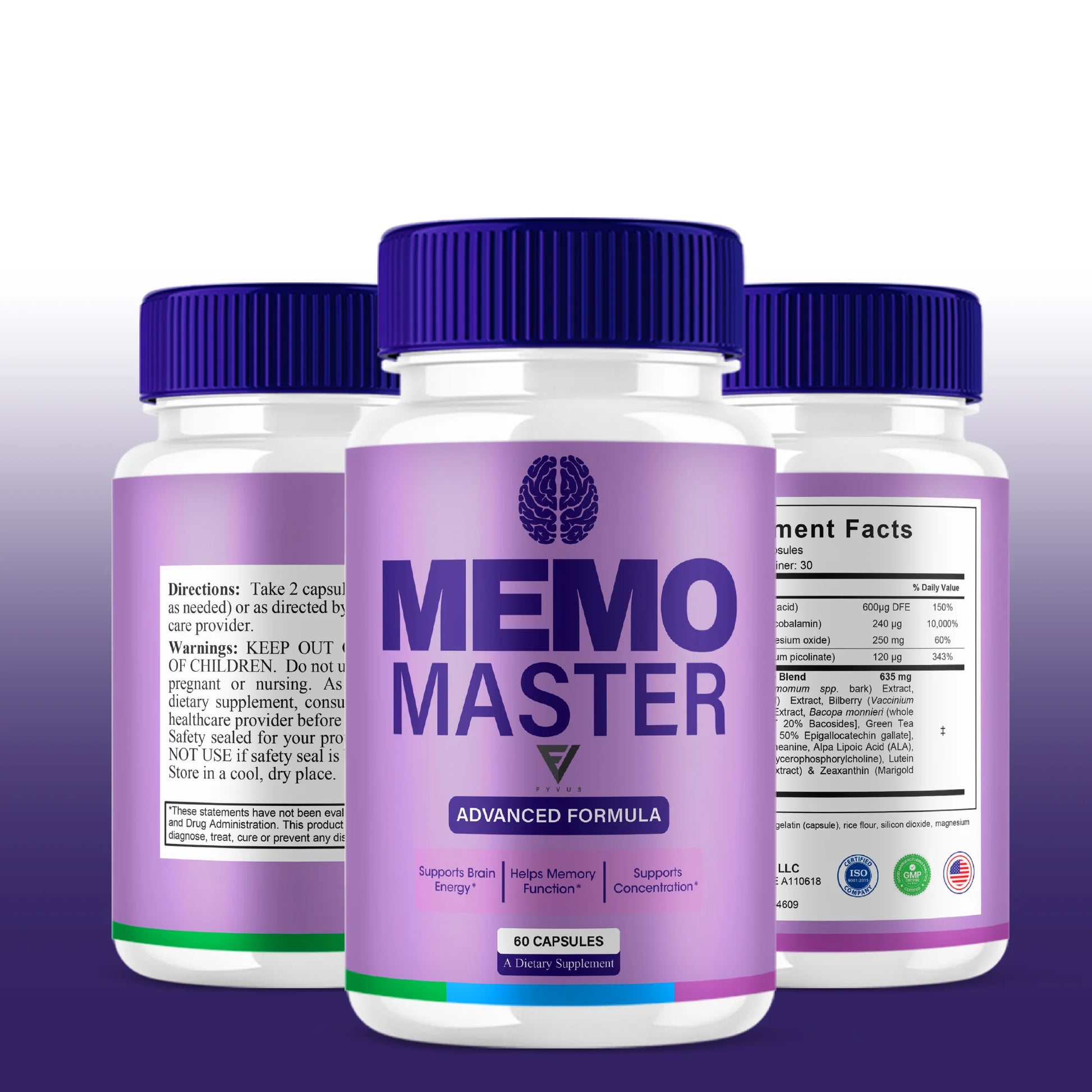 (2 Pack) Memo Master Premium Memory Support Supplement Memomaster Pills, Memo Master Multivitamin Supplement (120 Capsules)