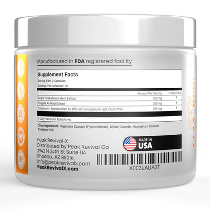 Peak Revival-X Turkesterone + Tongkat Ali + Colostrum – Testosterone, Muscle Growth & Energy Support – 60 Capsules