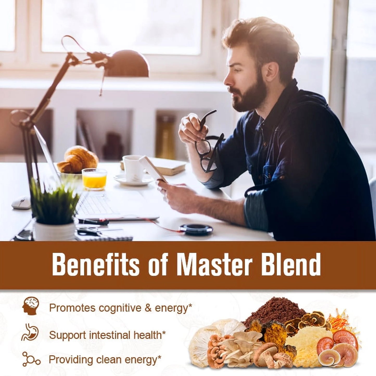 Premium Organic Mushroom Coffee with 7 Superfood Mushrooms - Water Processed Instant Coffee Mix with Lion'S Mane, Reishi, Chaga, Cordyceps, Shiitake, Maitake, and Turkey Tail - 113G (3.98Oz)