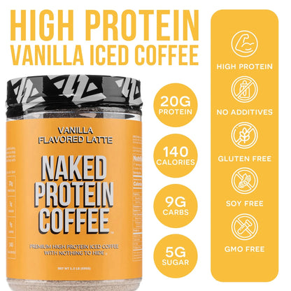 NAKED Vanilla Latte Protein Coffee - Premium Instant Coffee - Protein Shake, Iced Coffee, Protein Drinks, Delicious Keto Friendly and Gluten Free, 17 Servings