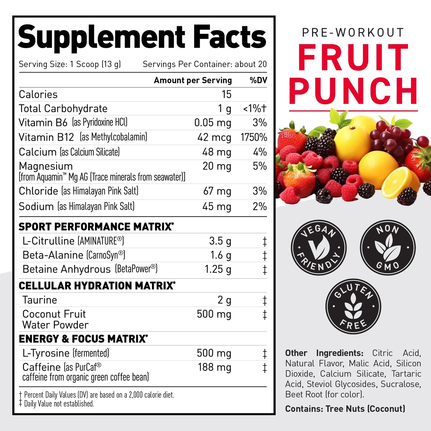 Muscle Pre-Workout Sport Fruit Punch, Amino Acid Supplements, 20 - 13G Servings