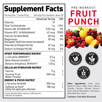 Muscle Pre-Workout Sport Fruit Punch, Amino Acid Supplements, 20 - 13G Servings