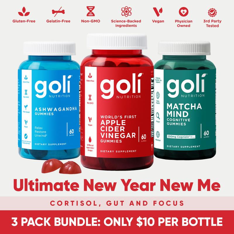 3 Bottles of Goli Best Seller Bundle: Ashwagandha KSM-66, Apple Cider Vinegar, Matcha Mind Supplement with Cognizin, Vitamins D2 and B12