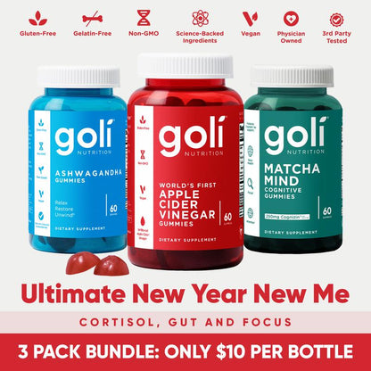 3 Bottles of Goli Best Seller Bundle: Ashwagandha KSM-66, Apple Cider Vinegar, Matcha Mind Supplement with Cognizin, Vitamins D2 and B12