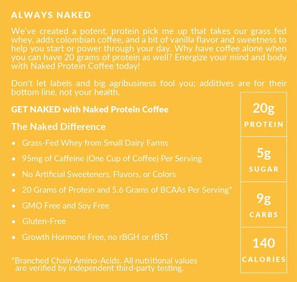 NAKED Vanilla Latte Protein Coffee - Premium Instant Coffee - Protein Shake, Iced Coffee, Protein Drinks, Delicious Keto Friendly and Gluten Free, 17 Servings