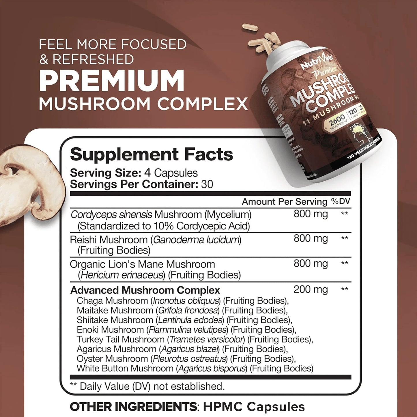 Mushroom Complex Supplement Cordyceps Capsules - 2600Mg - 120 Capsules