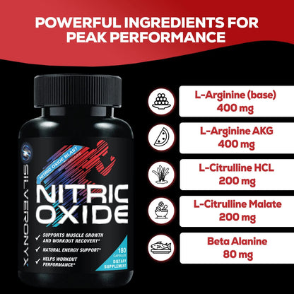 Extra Strength Nitric Oxide Supplement 3X Strength L Arginine, Citrulline Malate, AAKG, Beta Alanine - Premium Muscle Supporting Nitric Booster - Natural Energy & Heart Health Support - 180 Capsules