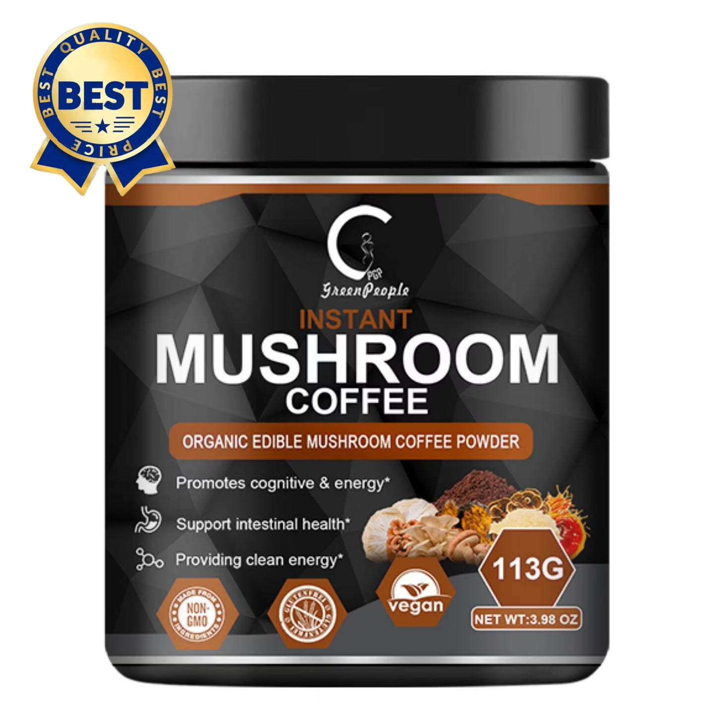 Premium Organic Mushroom Coffee with 7 Superfood Mushrooms - Water Processed Instant Coffee Mix with Lion'S Mane, Reishi, Chaga, Cordyceps, Shiitake, Maitake, and Turkey Tail - 113G (3.98Oz)