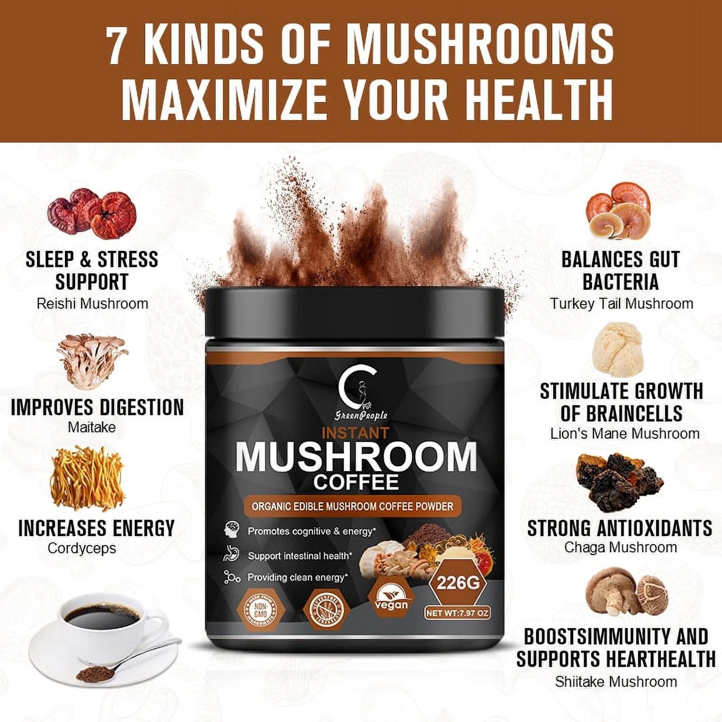 Premium Organic Mushroom Coffee with 7 Superfood Mushrooms - Water Processed Instant Coffee Mix with Lion'S Mane, Reishi, Chaga, Cordyceps, Shiitake, Maitake, and Turkey Tail - 113G (3.98Oz)