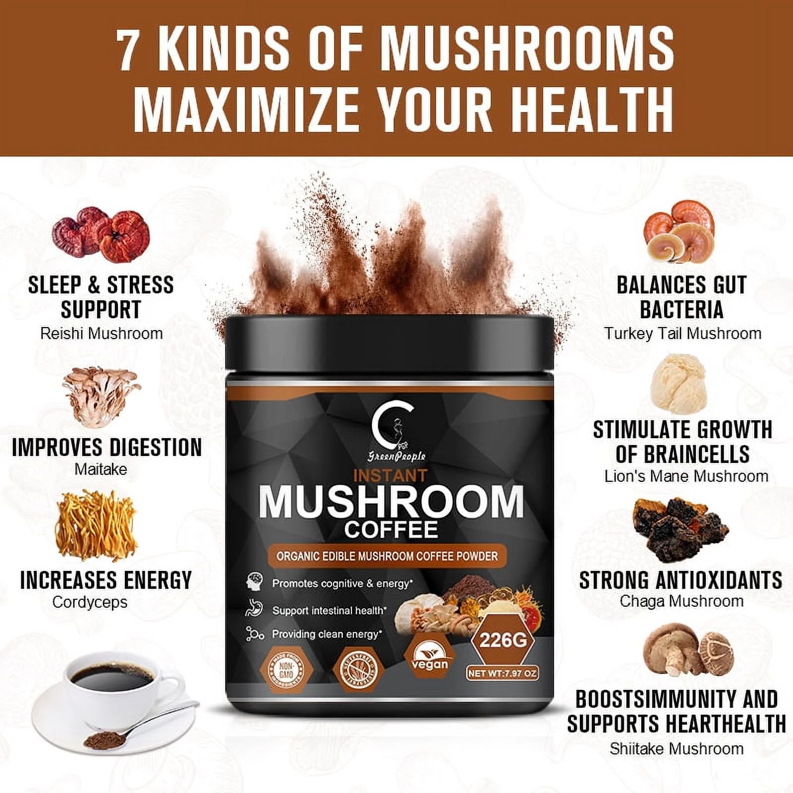Premium Organic Mushroom Coffee with 7 Superfood Mushrooms - Water Processed Instant Coffee Mix with Lion'S Mane, Reishi, Chaga, Cordyceps, Shiitake, Maitake, and Turkey Tail - 113G (3.98Oz)