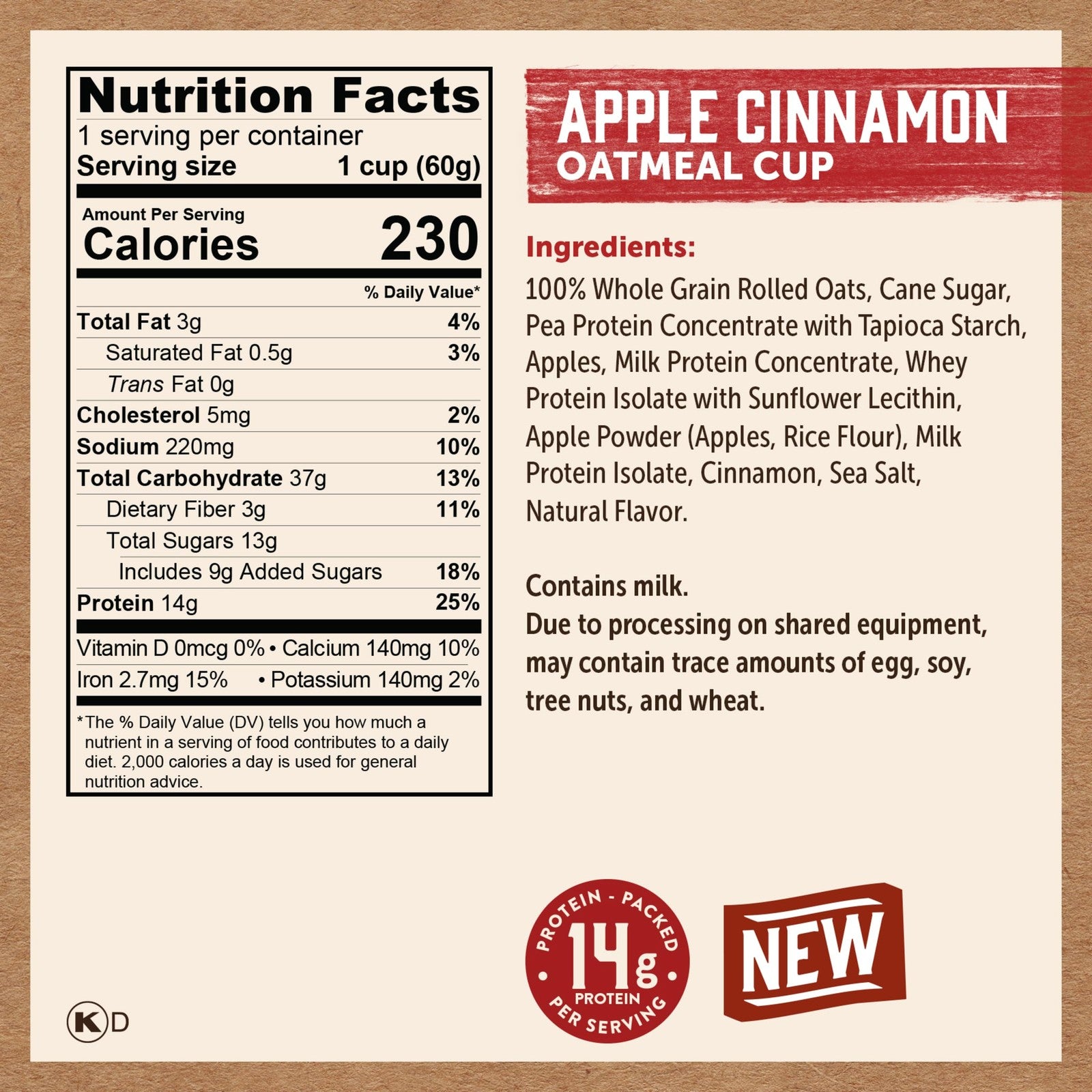 Kodiak Cakes Instant Protein Apple Cinnamon Oatmeal Cups 12 Pack 14G Protein