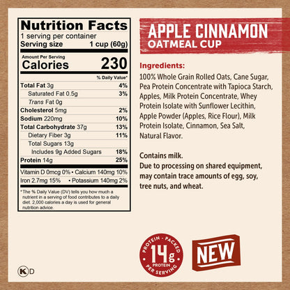 Kodiak Cakes Instant Protein Apple Cinnamon Oatmeal Cups 12 Pack 14G Protein