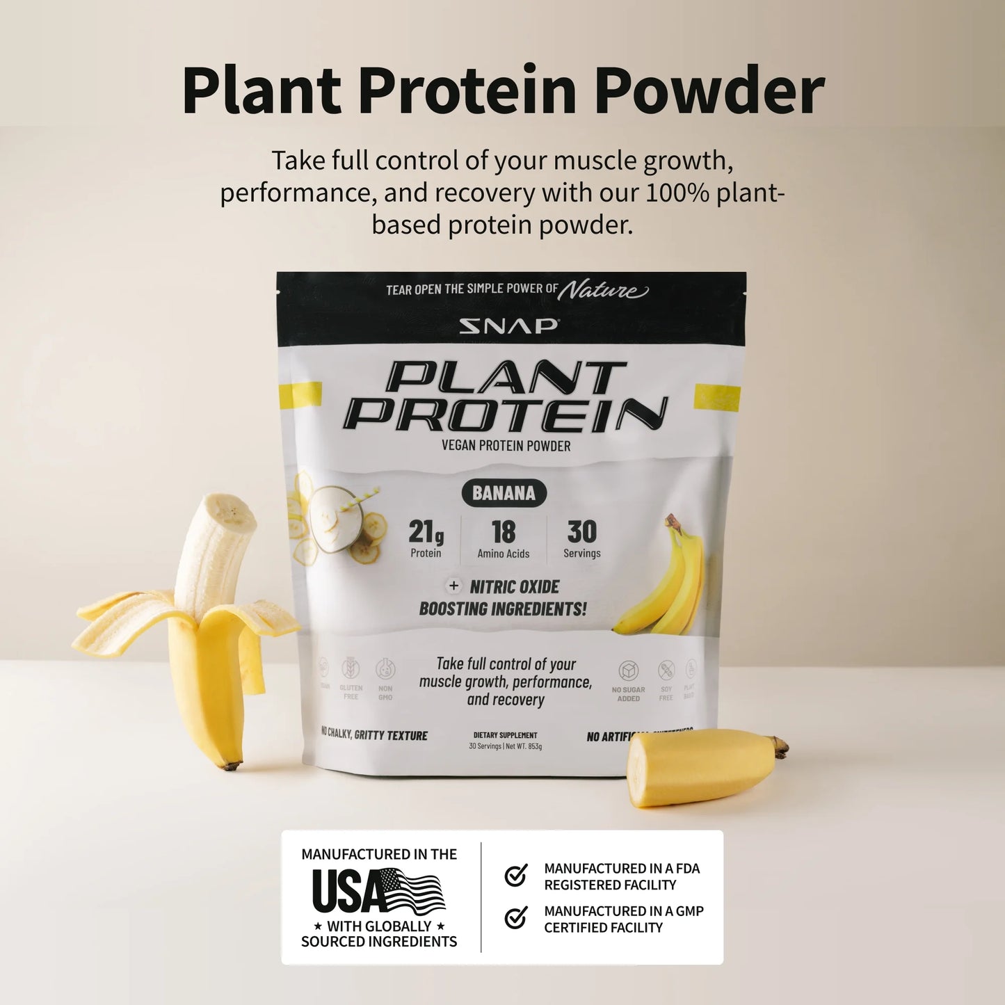 Vegan Protein Powder, Plant-Based, Banana Flavor, 30 Servings