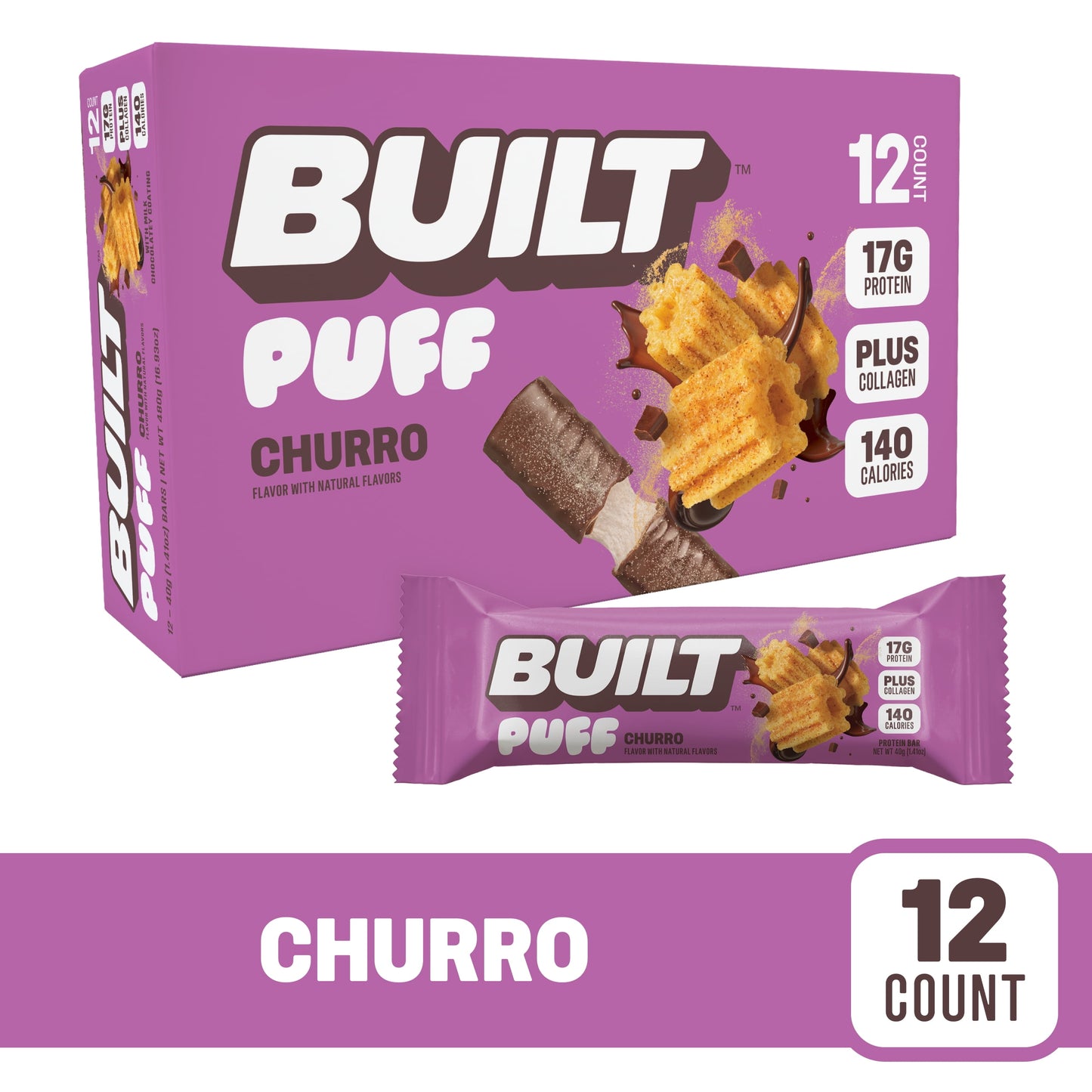 , Puff Protein Snack Bars, Churro, 17G Protein, Collagen, Gluten Free, 12Ct Box
