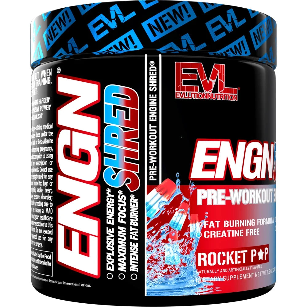 EVL Ultimate Pre Workout Powder - Thermogenic Fat Burner Preworkout Powder Drink for Lasting Energy Focus and Stamina - ENGN Shred Intense Fat Burning Creatine Free Preworkout Drink - Rocket Pop
