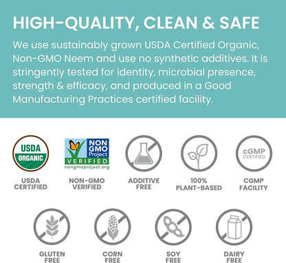 Organic Neem Herbal Skin Supplement, Mild Acne Supplement, Clear Skin, Purifying, 60 Plant-Based Caplets