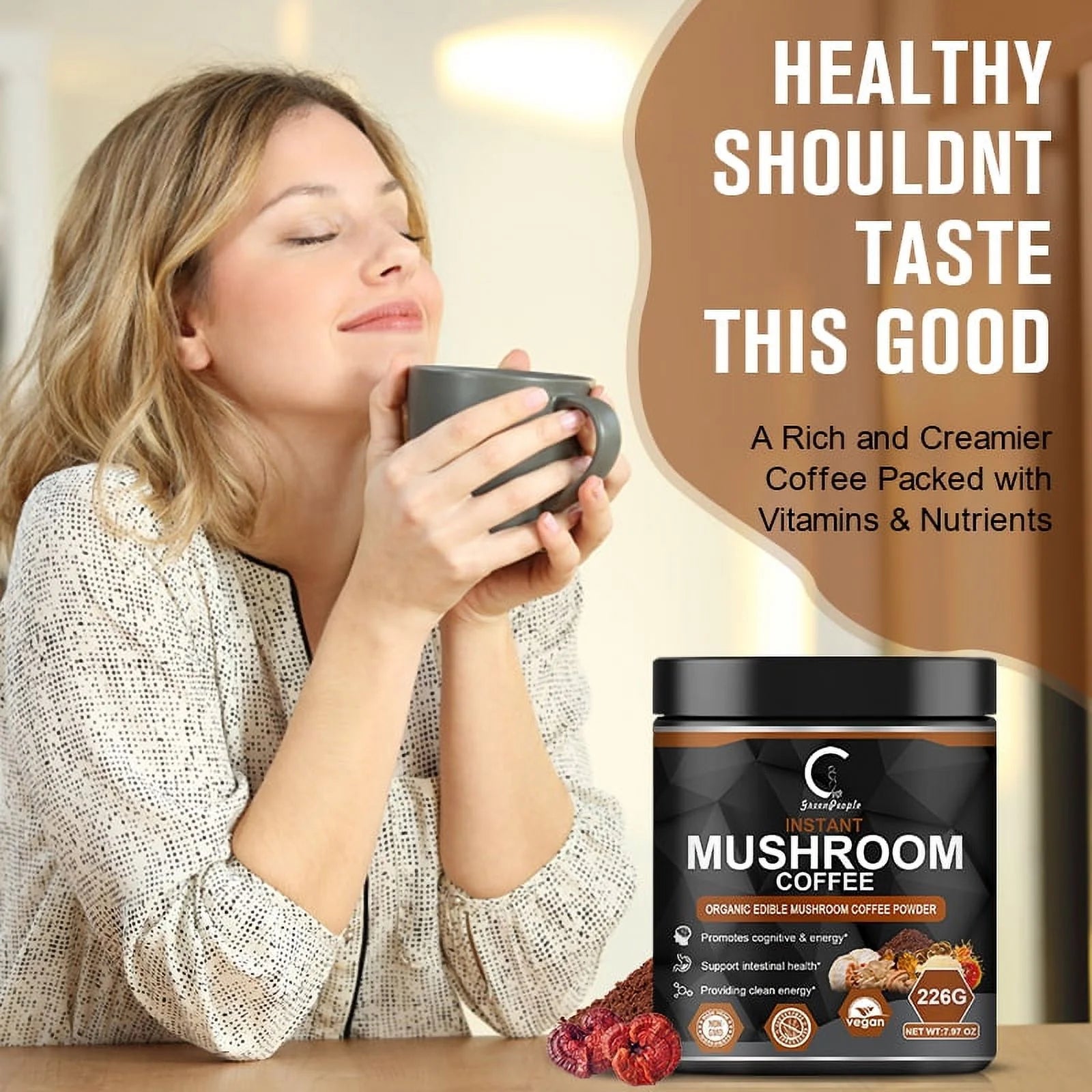Premium Organic Mushroom Coffee with 7 Superfood Mushrooms - Water Processed Instant Coffee Mix with Lion'S Mane, Reishi, Chaga, Cordyceps, Shiitake, Maitake, and Turkey Tail - 113G (3.98Oz)
