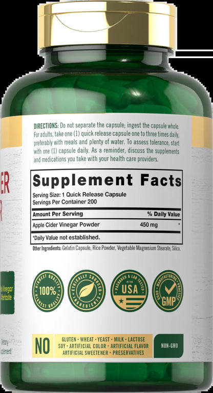 Apple Cider Vinegar Pills | 450Mg | 200 Capsules | Non-Gmo, Gluten Free Supplement | by