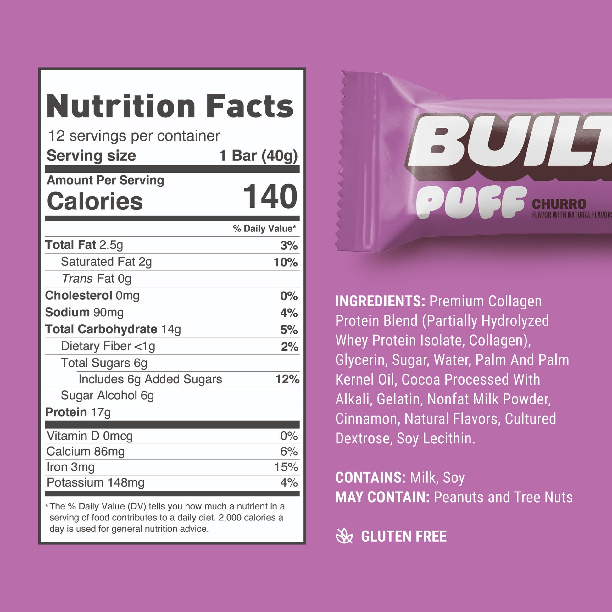 , Puff Protein Snack Bars, Churro, 17G Protein, Collagen, Gluten Free, 12Ct Box