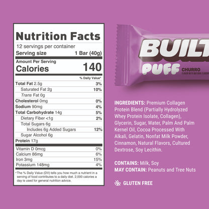 , Puff Protein Snack Bars, Churro, 17G Protein, Collagen, Gluten Free, 12Ct Box