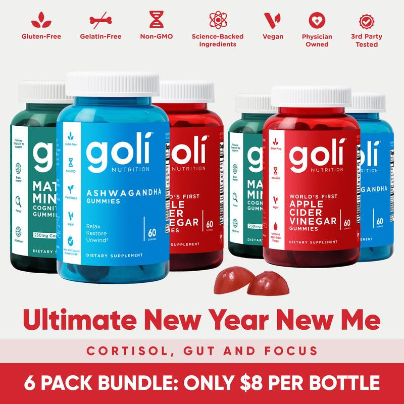6 Bottles of Goli New Year New Me Bundle: Ashwagandha KSM-66 & Vitamin D2, Apple Cider Vinegar & Vitamin B12, Matcha Mind & Cognizin Edible Supplement