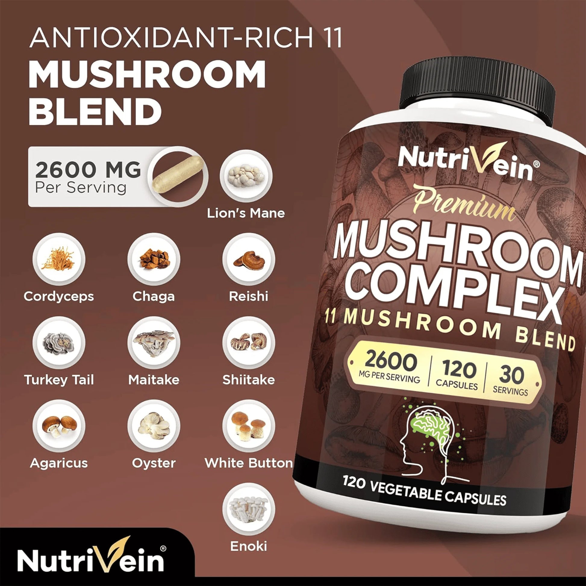 Mushroom Complex Supplement Cordyceps Capsules - 2600Mg - 120 Capsules